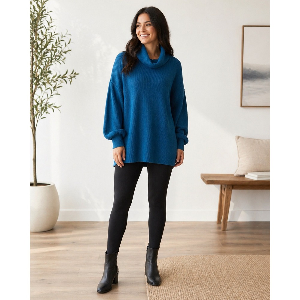 Free People‎ Turtleneck Sweater Womens Medium Blue Rayon Blend Ribbed Oversized